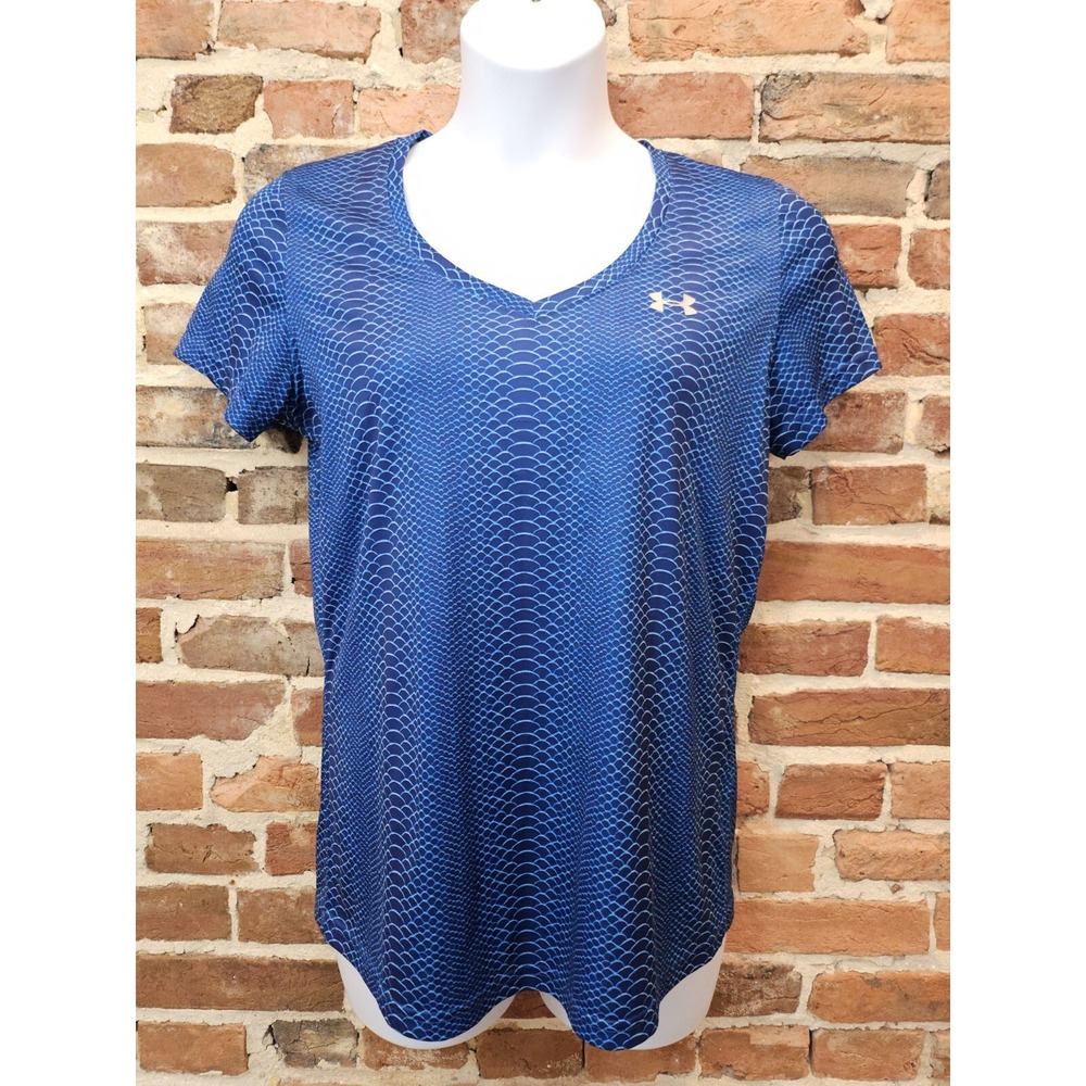 UNDER ARMOUR Heat Gear Tee Blue Snakeskin Print Short‎ Sleeves V Neck Size XL TG